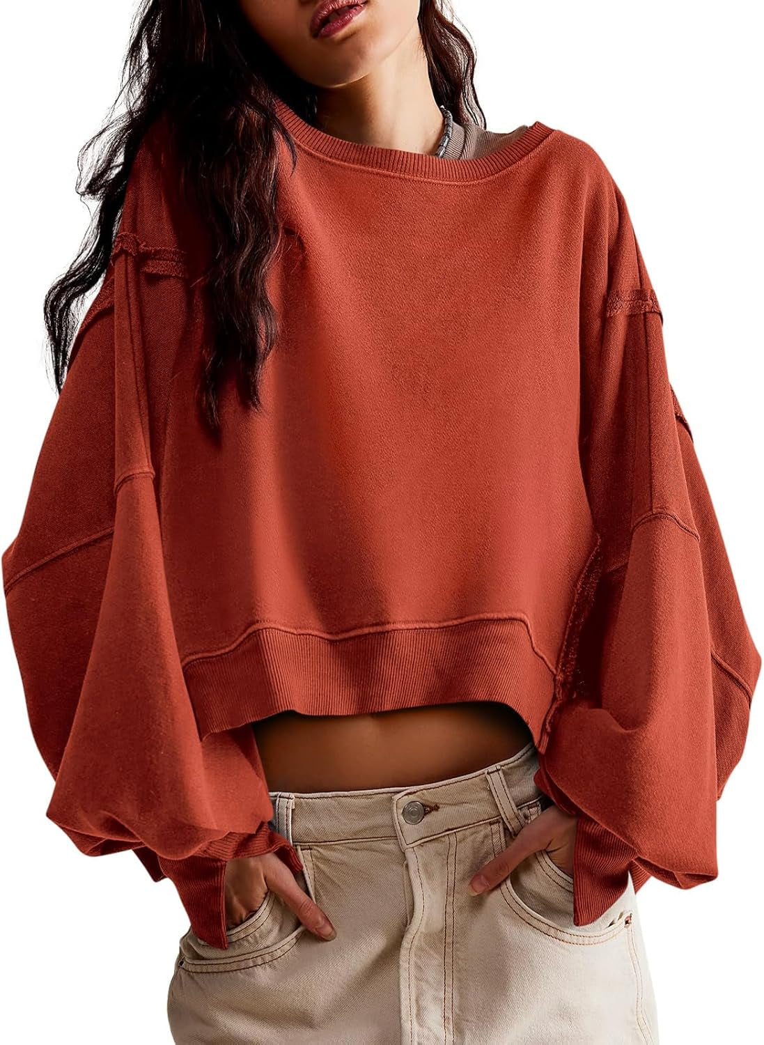 Womens Casual Sweatshirt Long Sleeve Tops Crewneck Loose Fit Tee Pullover Crop Tshirt Side Slit Fall Fashion 2024