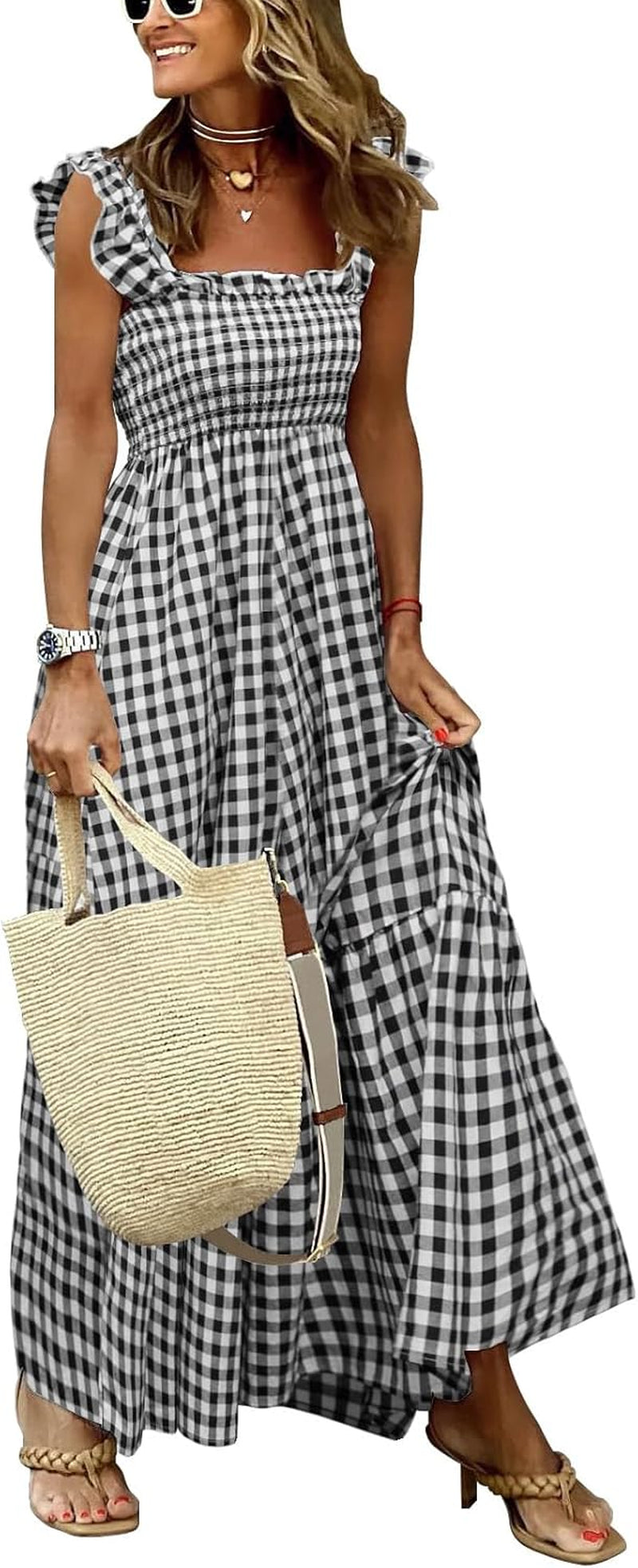 Women'S Retro Plaid Smocked Dress Spaghetti Strap Flounce Long Dress
