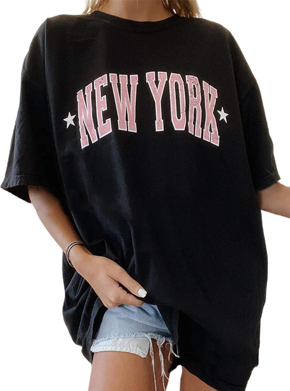 Women'S Casual Oversized T Shirt Short Sleeve Graphic Tee Letter Sun Moon Shirts