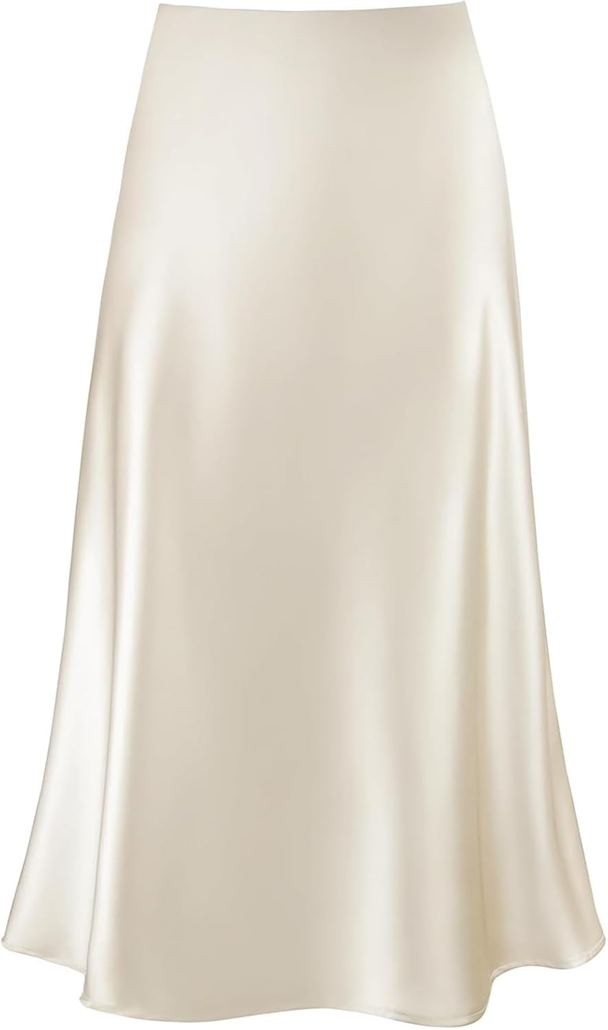 Women'S Satin High Waist Hidden Elasticized Waistband Flared Casual a Line Midi Skirt