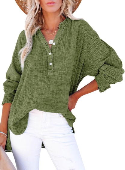 Womens Casual Button V Neck Long Sleeve Shirts Oversized Solid Blouses Tops