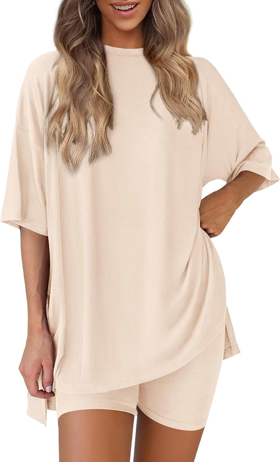 Women 2 Piece Lounge Set 2026 Summer Casual Oversized Shirts Biker Shorts Matching Airport Travel Outfit Clothes