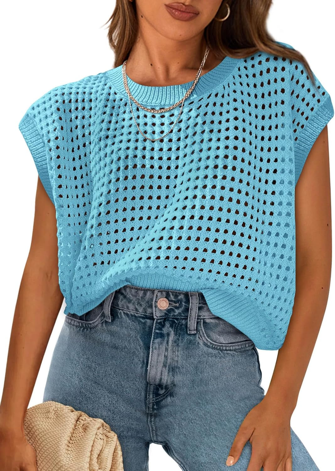 Womens Spring Tops 2026 Summer Shirts Crochet Cap Sleeve Sweater Pullover Cute Beach Vacation Clothes