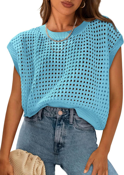 Womens Spring Tops 2026 Summer Shirts Crochet Cap Sleeve Sweater Pullover Cute Beach Vacation Clothes