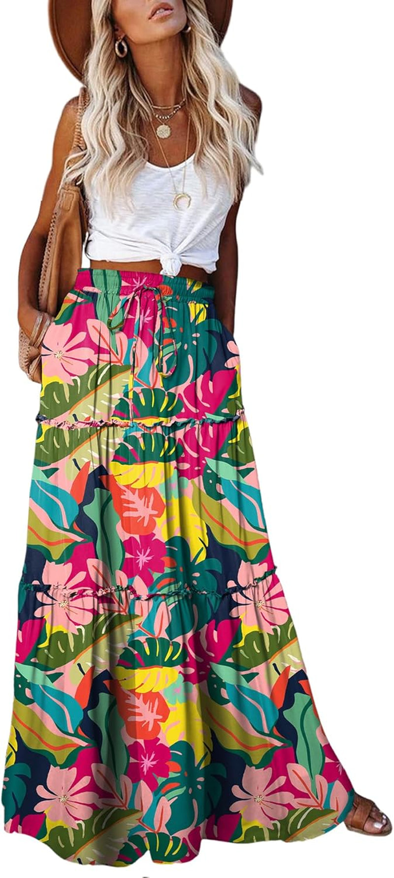 Womens Boho Maxi Skirt 2026 Summer Cruise Casual High Waist Tie Flowy Long Skirt with Pockets for Beach Vacation