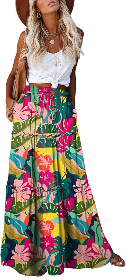 Womens Boho Maxi Skirt 2026 Summer Cruise Casual High Waist Tie Flowy Long Skirt with Pockets for Beach Vacation