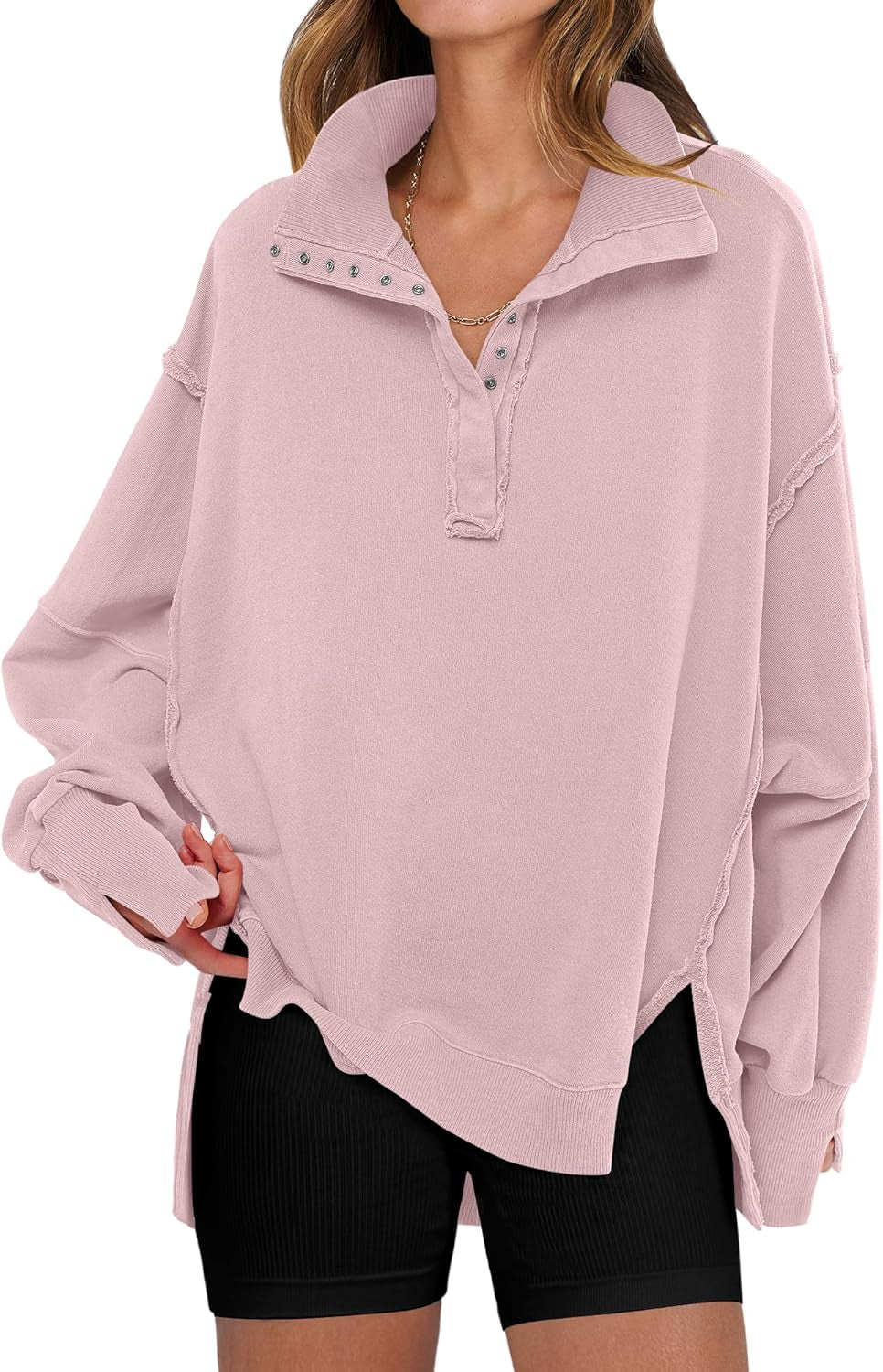 Women'S Sweatshirts Oversized Casual Loose Button up Henley Pullover Top High Low Split 2025 Fall Fashion Outfits