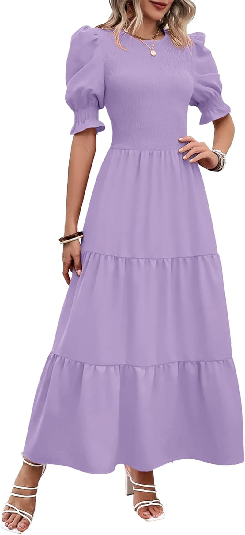 Women Casual Summer Dresses 2026 Spring Crew Neck Ruffle Short Sleeve Smocked Floral Boho Flowy Maxi Dress Clothes