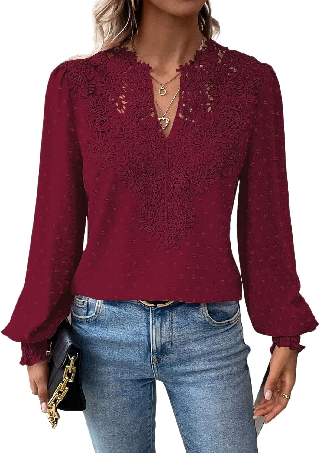 Womens Tops Swiss Dot Boho Long Sleeve Shirts V Neck Casual Chiffon Blouses Flowy Lace Hem Cute Clothing Trendy 2025