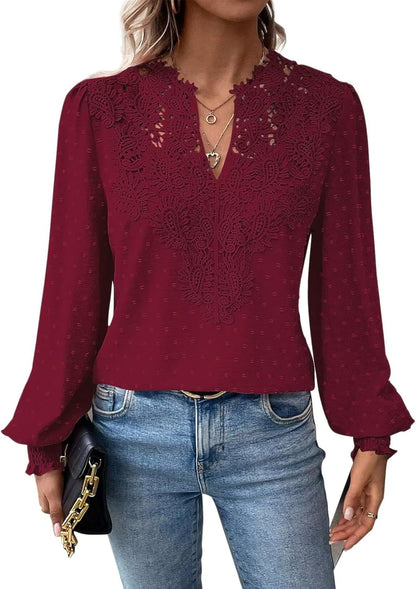 Womens Tops Swiss Dot Boho Long Sleeve Shirts V Neck Casual Chiffon Blouses Flowy Lace Hem Cute Clothing Trendy 2025