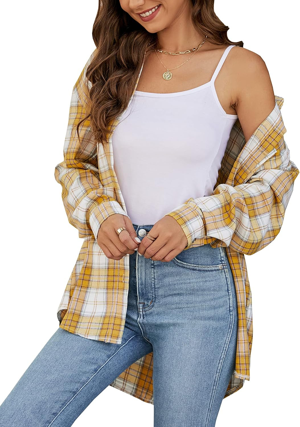 Oversized Flannel Shirt Women Long Sleeve Plaid Button Buffalo Shirt Blouse Tops with One Pocket