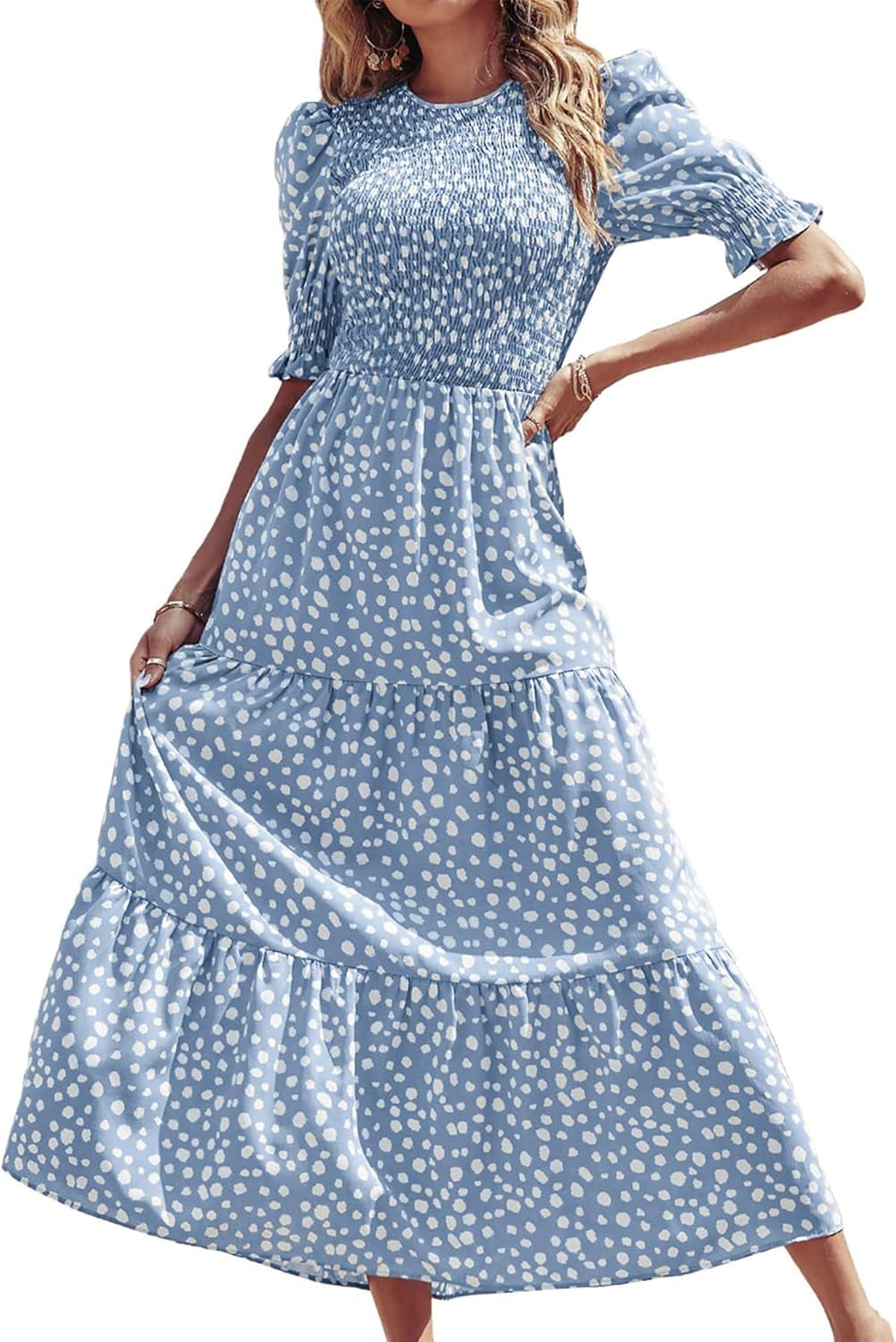 Women Casual Summer Dresses 2026 Spring Crew Neck Ruffle Short Sleeve Smocked Floral Boho Flowy Maxi Dress Clothes