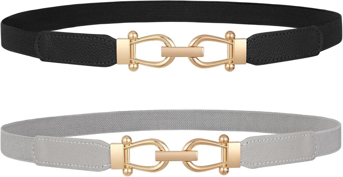 Women Skinny Elastic Belt for Dresses,Thin Retro Stretch Waist Belt with Golden Buckle