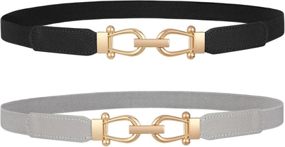 Women Skinny Elastic Belt for Dresses,Thin Retro Stretch Waist Belt with Golden Buckle