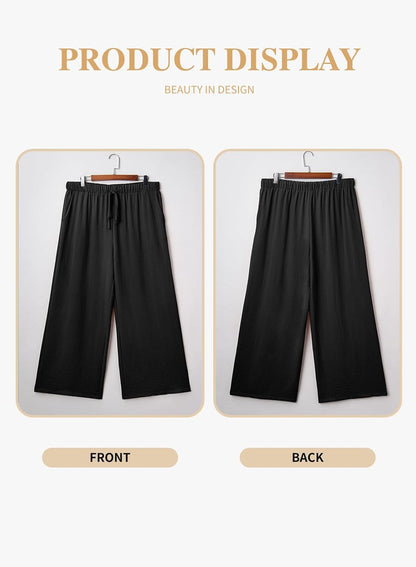 Womens plus Size Pants Summer Elastic High Waist Drawstring Casual Loose Wide Leg Trousers Pants with Pockets(1X-5X)