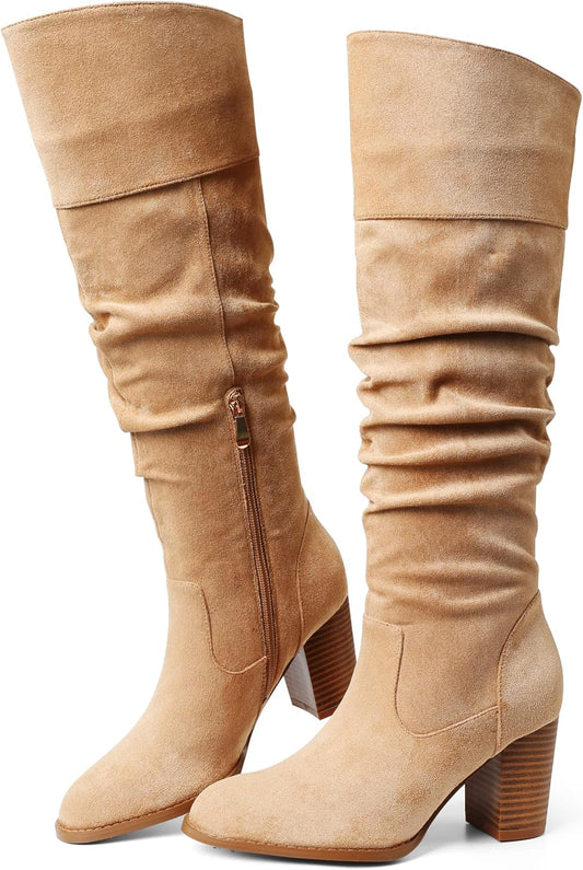 Suede Knee-High Boots Fall Boot for Women Chunky Block High Heel Slouch Fashion Boot round Toe Side Zipper