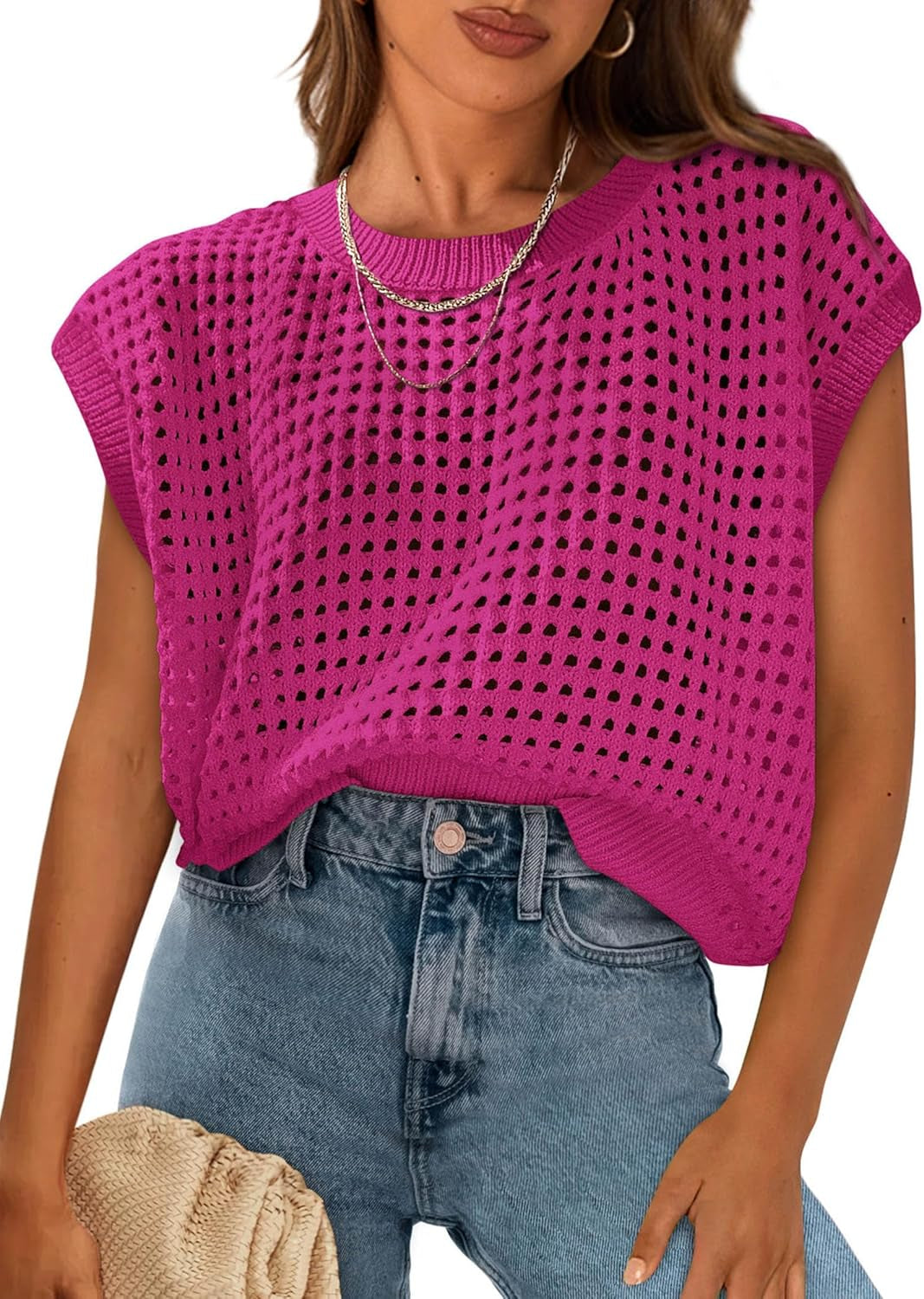 Womens Spring Tops 2026 Summer Shirts Crochet Cap Sleeve Sweater Pullover Cute Beach Vacation Clothes