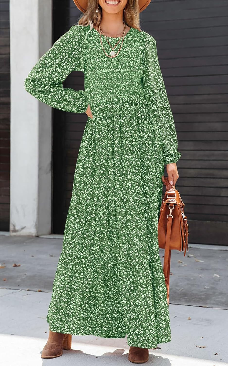 Women'S Spring Dresses 2026 Long Sleeve Flowy Casual Floral Maxi Dress Crew Neck Smocked Tiered Long Dress