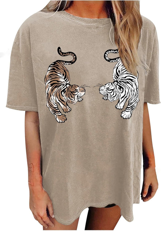 Women Tigers Graphic Oversized Tee Top Short Sleeve Loose Crewneck Summer T-Shirt