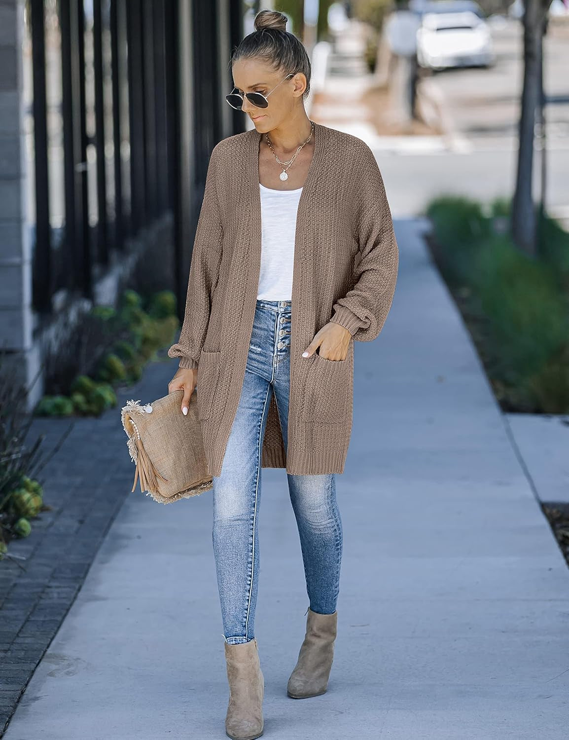 Women'S 2025 Fall Open Front Chunky Knit Sweater Oversized Lantern Sleeve Cardigan Outwear