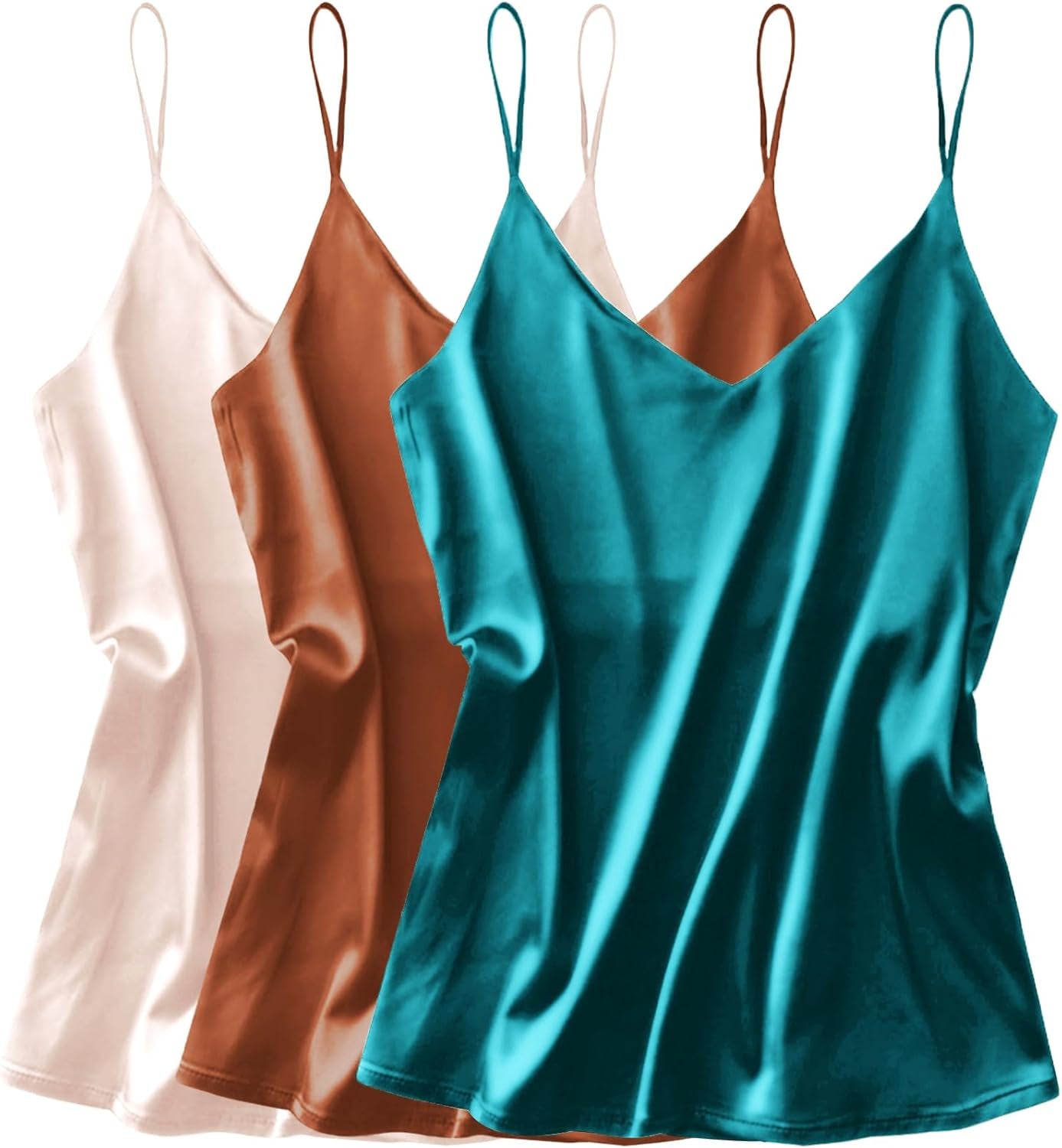 3 Pack: Womens Silk Satin Tank Top V Neck Camisole Cami Spaghetti Strap Top Loose Sleeveless Blouses Tank Shirt