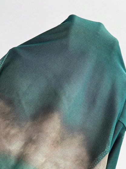 Women Long Sleeve Maxi Dress Bodycon Ruched Formal Slim Fit Tie Dye Dress Formal Mesh Dress