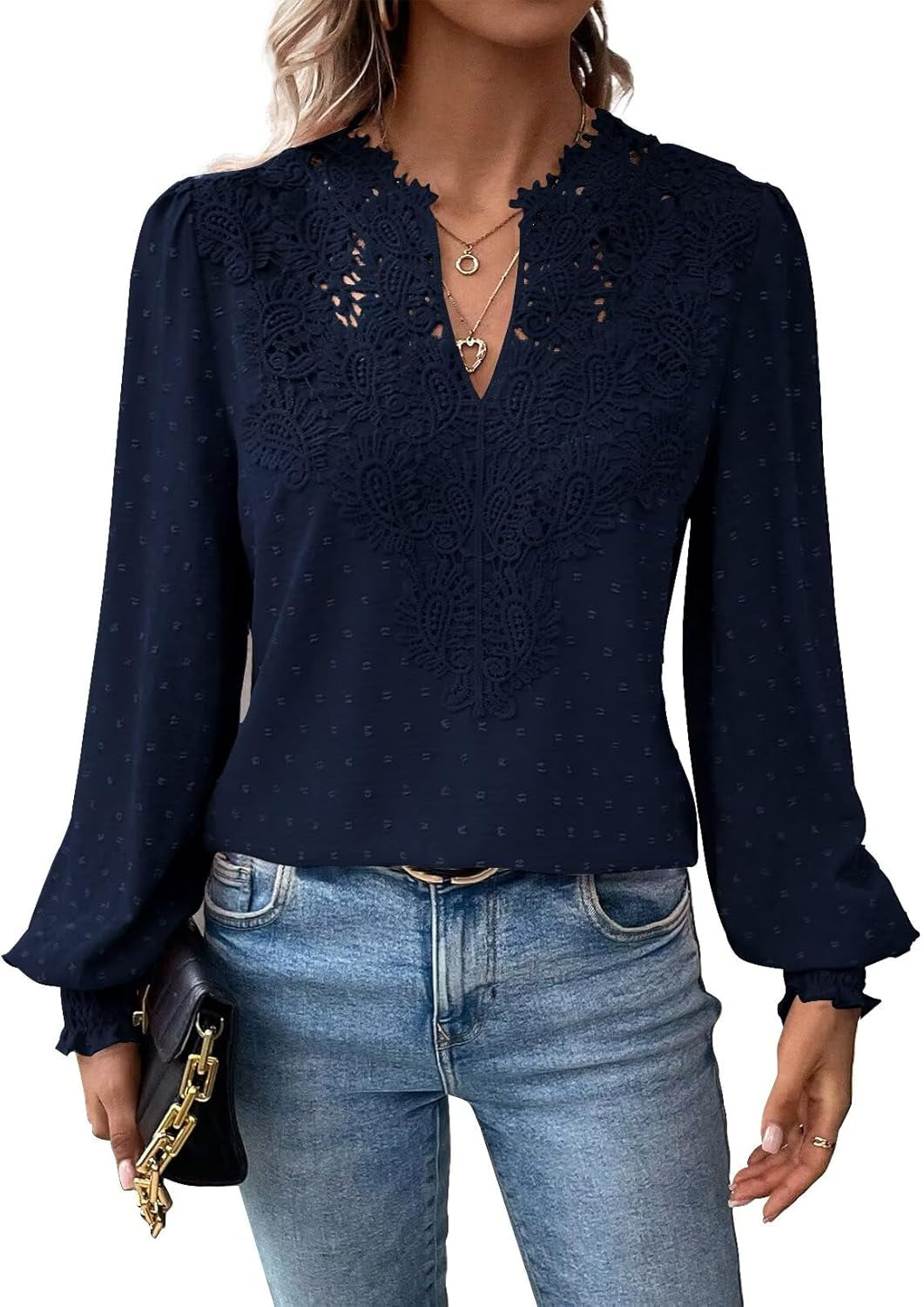 Womens Tops Swiss Dot Boho Long Sleeve Shirts V Neck Casual Chiffon Blouses Flowy Lace Hem Cute Clothing Trendy 2025
