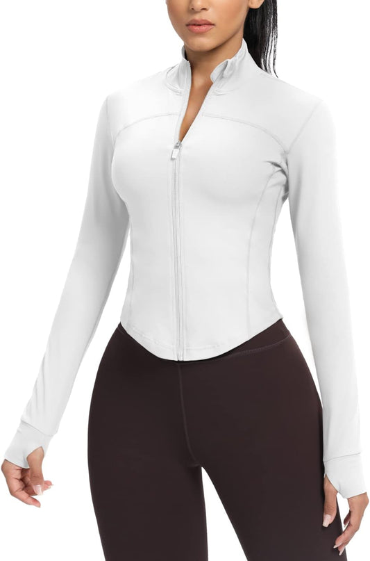 Women'S Cropped Running Workout Jackets Zip Slim Fit Athletic Tops with Thumb Holes