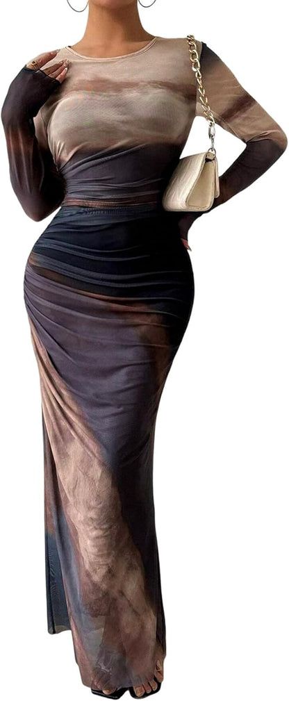 Women Long Sleeve Maxi Dress Bodycon Ruched Formal Slim Fit Tie Dye Dress Formal Mesh Dress