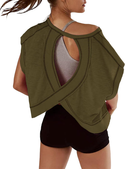 Women Short Sleeve Workout Shirts Open Back Tops Casual Yoga Y2K Athletic Gym Slouchy Crop Running Tees