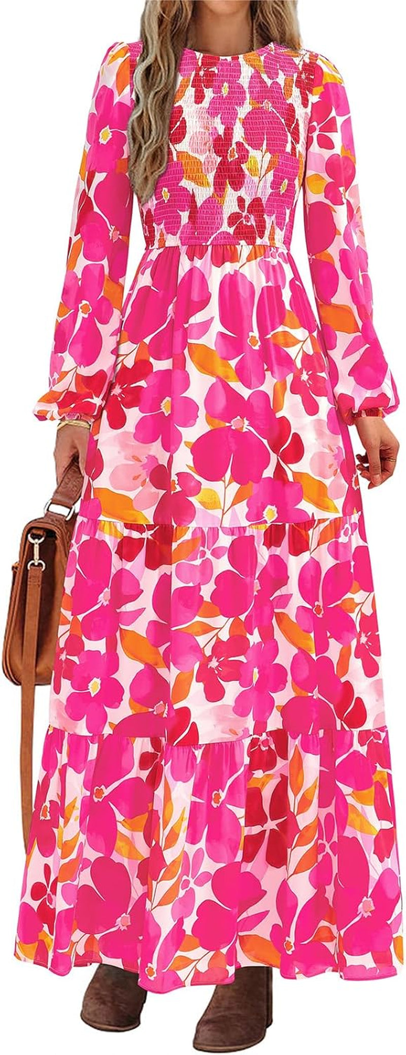 Women'S Spring Dresses 2026 Long Sleeve Flowy Casual Floral Maxi Dress Crew Neck Smocked Tiered Long Dress