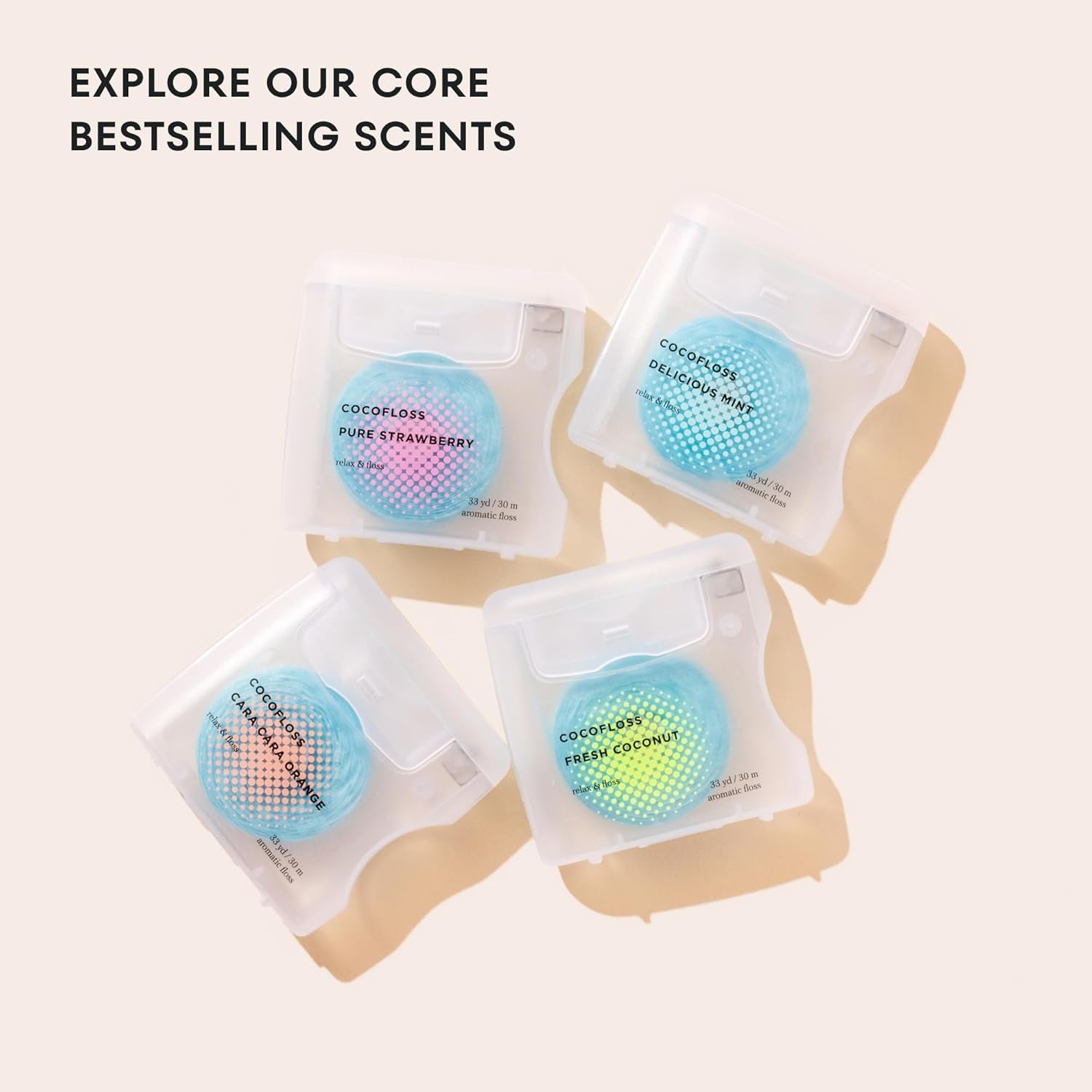 Woven Dental Floss, Dentist-Designed Oral Care, Waxed, Vegan, Kid-Friendly, with Coconut Oil, 4-Pack of Mint, Coconut, Orange, Strawberry (33 Yard Each)