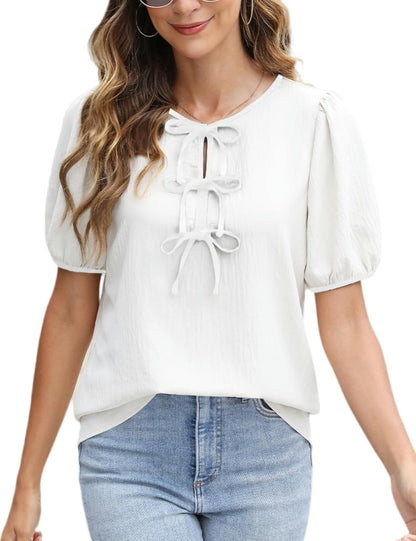 Womens Dressy Casual Shirt Summer Work Blouses Tie Front Puff Short Sleeve Tops
