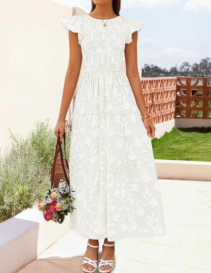 Women'S Summer Boho Floral Midi Dress 2026 Casual Flutter Short Sleeve Crewneck Smocked Flowy Beach Long Dresses