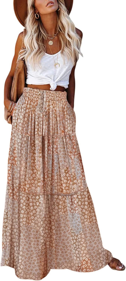 Womens Boho Maxi Skirt 2026 Summer Cruise Casual High Waist Tie Flowy Long Skirt with Pockets for Beach Vacation