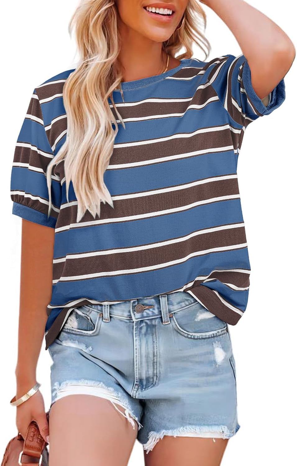 Womens Summer Tops 2025 Striped Color Block Short Sleeve T-Shirts Crewneck Casual Loose Basic Tee Blouses