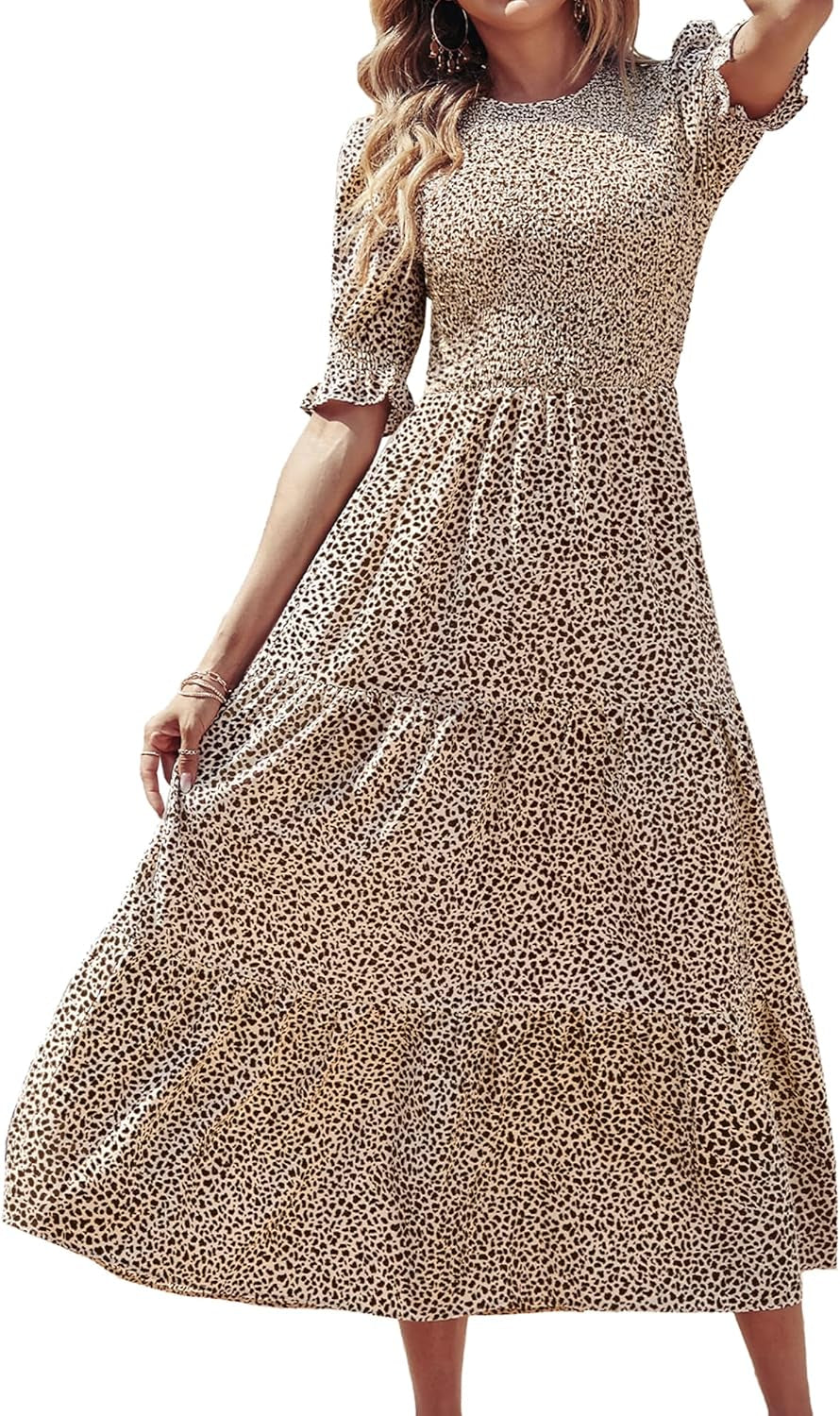 Women Casual Summer Dresses 2026 Spring Crew Neck Ruffle Short Sleeve Smocked Floral Boho Flowy Maxi Dress Clothes