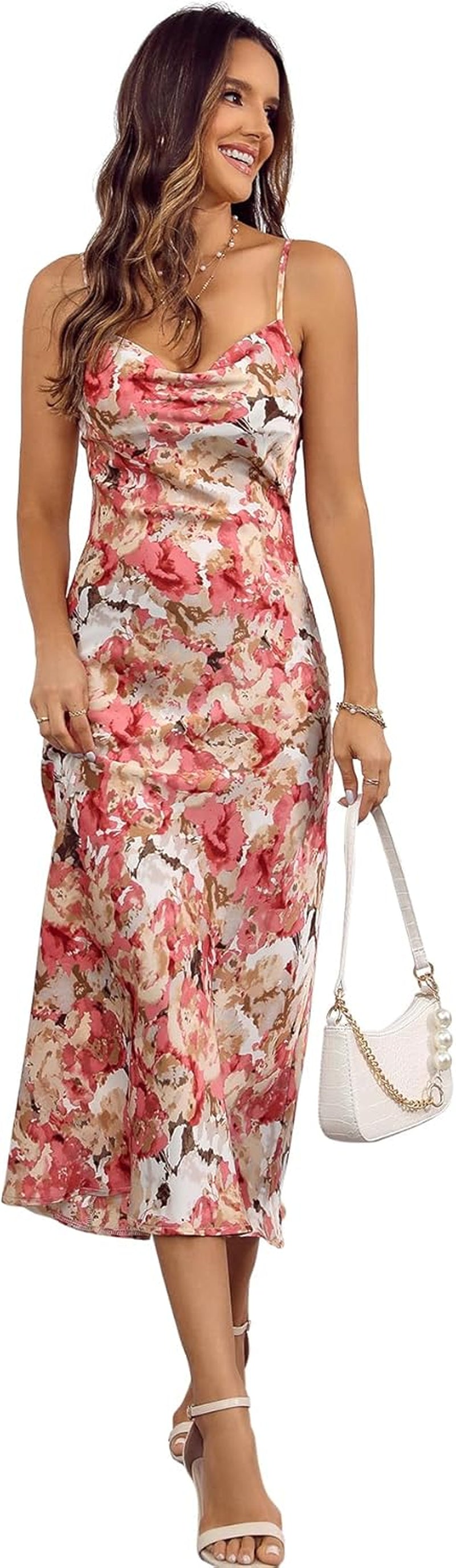 Women'S Spaghetti Strap Midi Satin Silk Dresses Slip Cowl Neck Party Cocktail Evening Sexy Dress