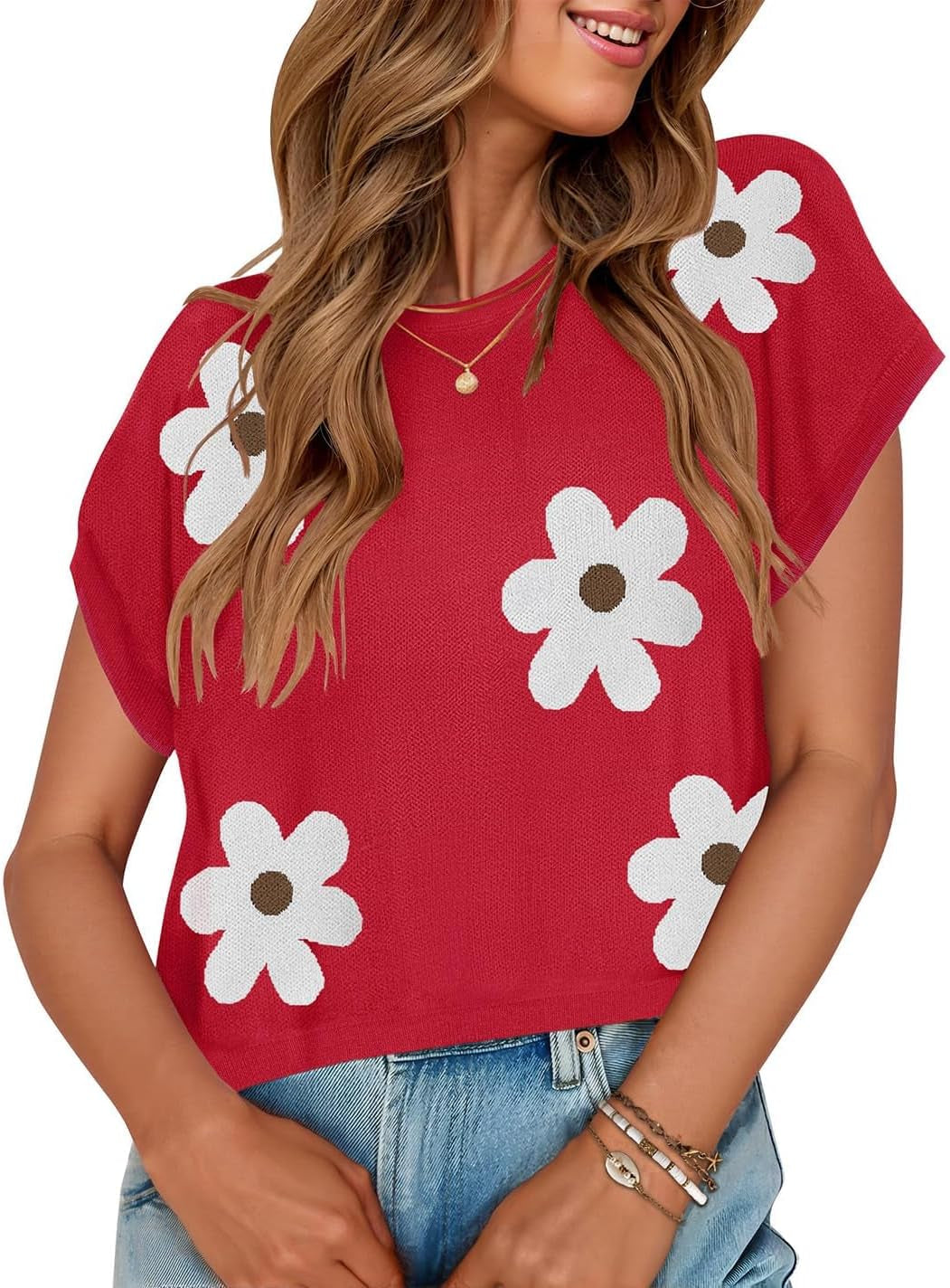 Womens Floral Sweater Vest Summer Short Sleeve Crew Neck Cute Loose Knit Tops 2026 Trendy Clothes Outfits
