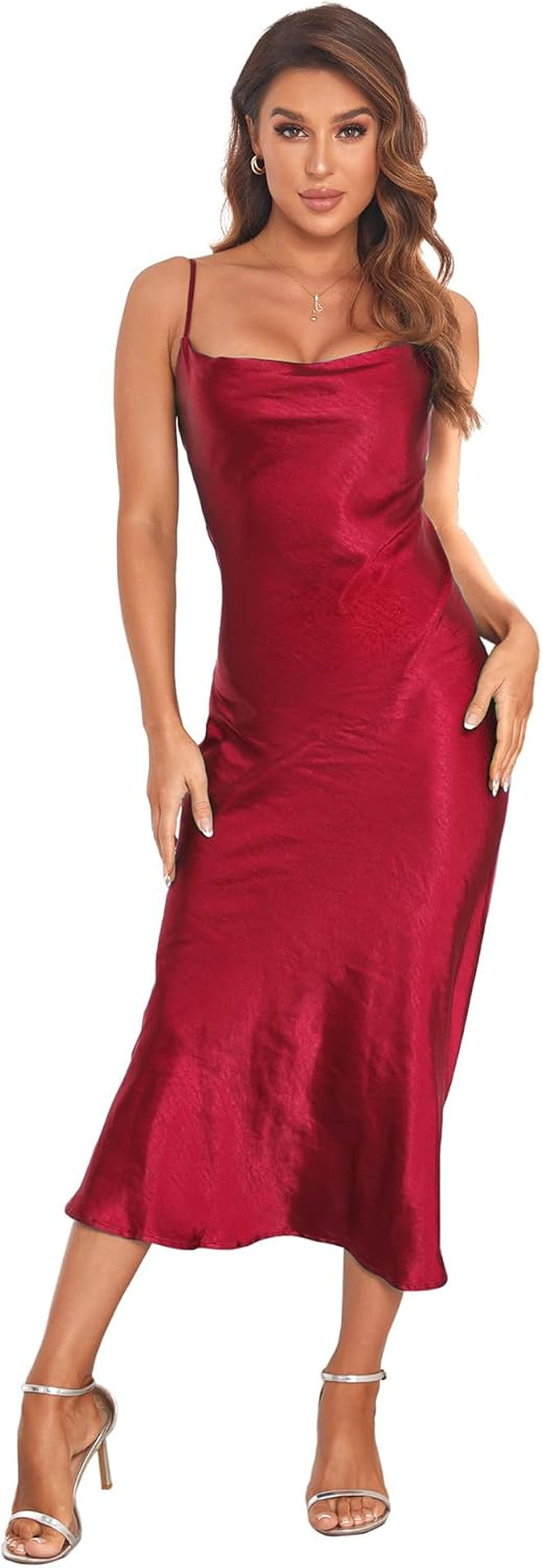 Women'S Spaghetti Strap Midi Satin Silk Dresses Slip Cowl Neck Party Cocktail Evening Sexy Dress