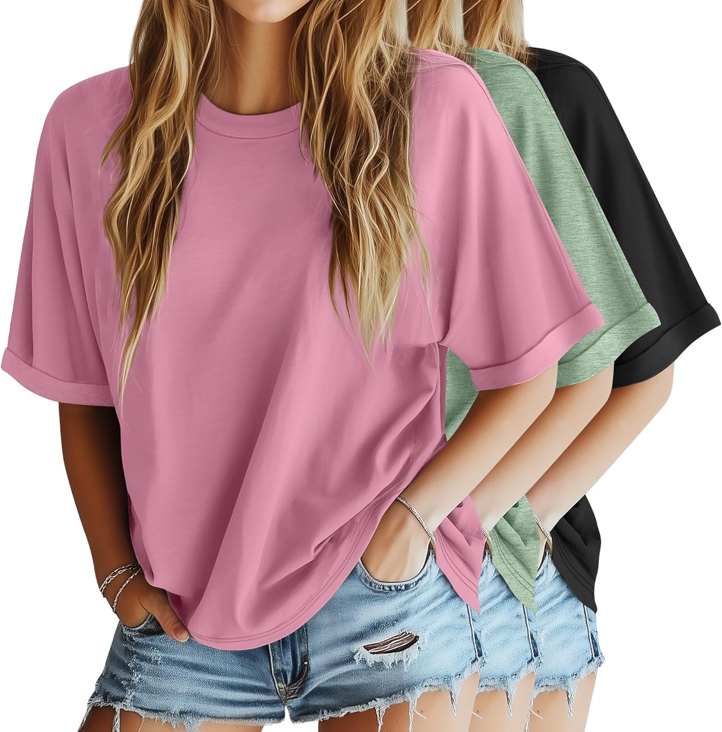 3 Pack Women'S Oversized T-Shirt Half Sleeve Summer Tees Casual Loose Fit Crew Neck Basic Tops