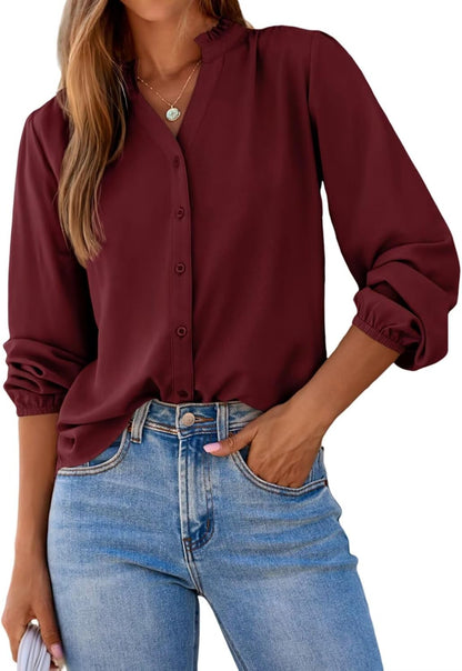 Womens Tops Blouses for Women Dressy Casual Button down Shirts V Neck Long Sleeve Shirts Business Work Blouses