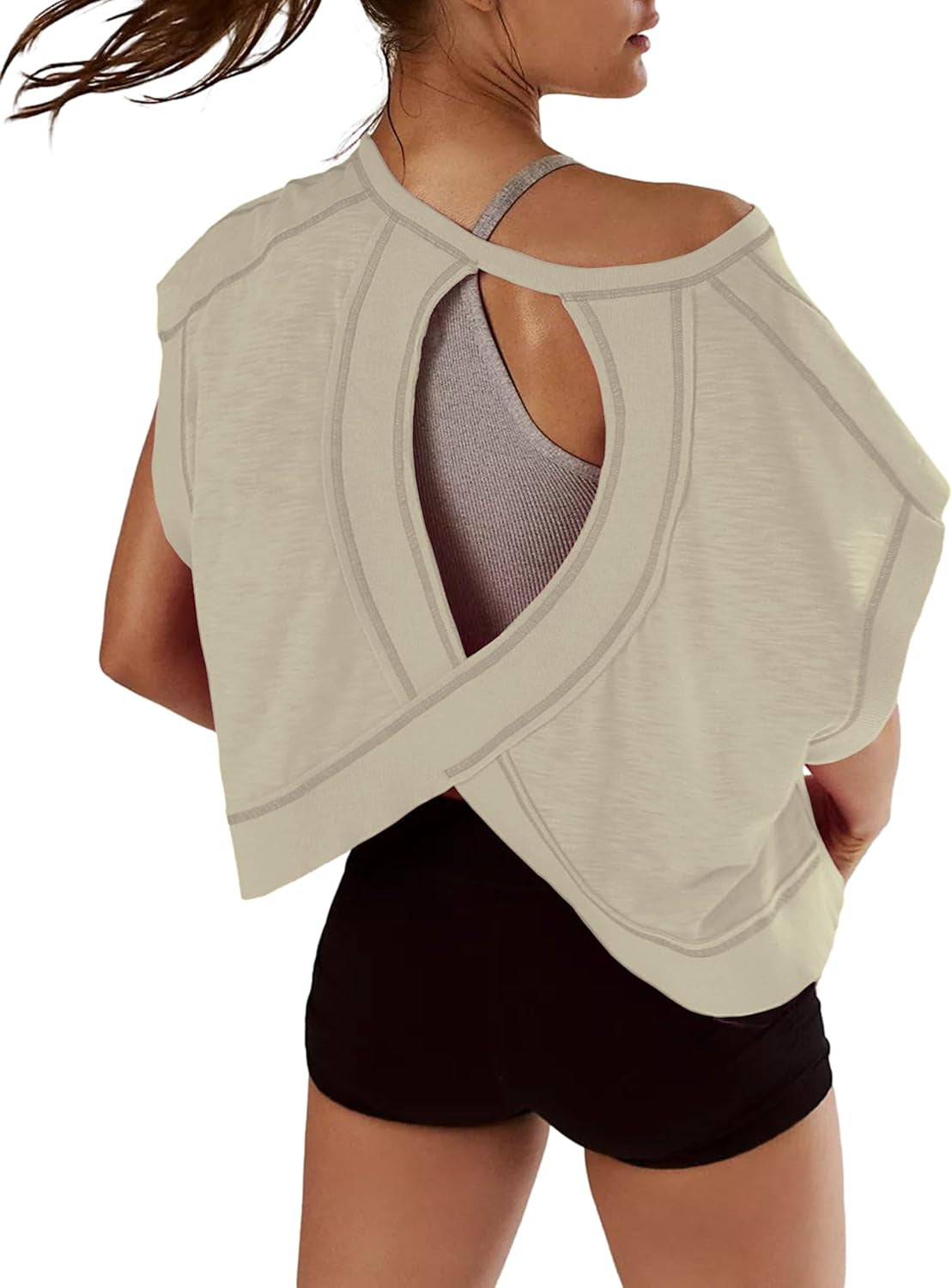 Women Short Sleeve Workout Shirts Open Back Tops Casual Yoga Y2K Athletic Gym Slouchy Crop Running Tees
