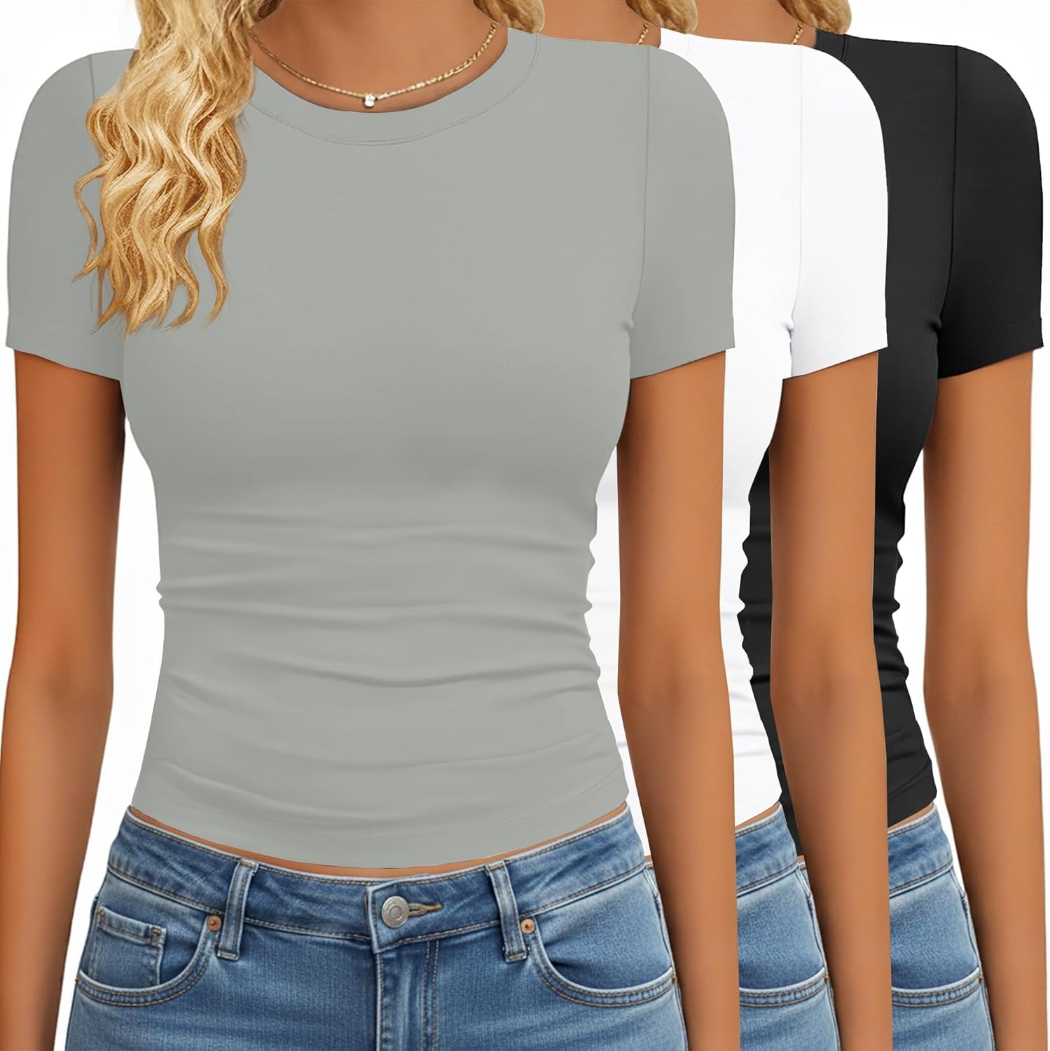3 Pack Basic Tees for Women - Crew Neck Slim Fit Tight T Shirts Cute Y2K Trendy Crop Tops Clothes for Casual Summer