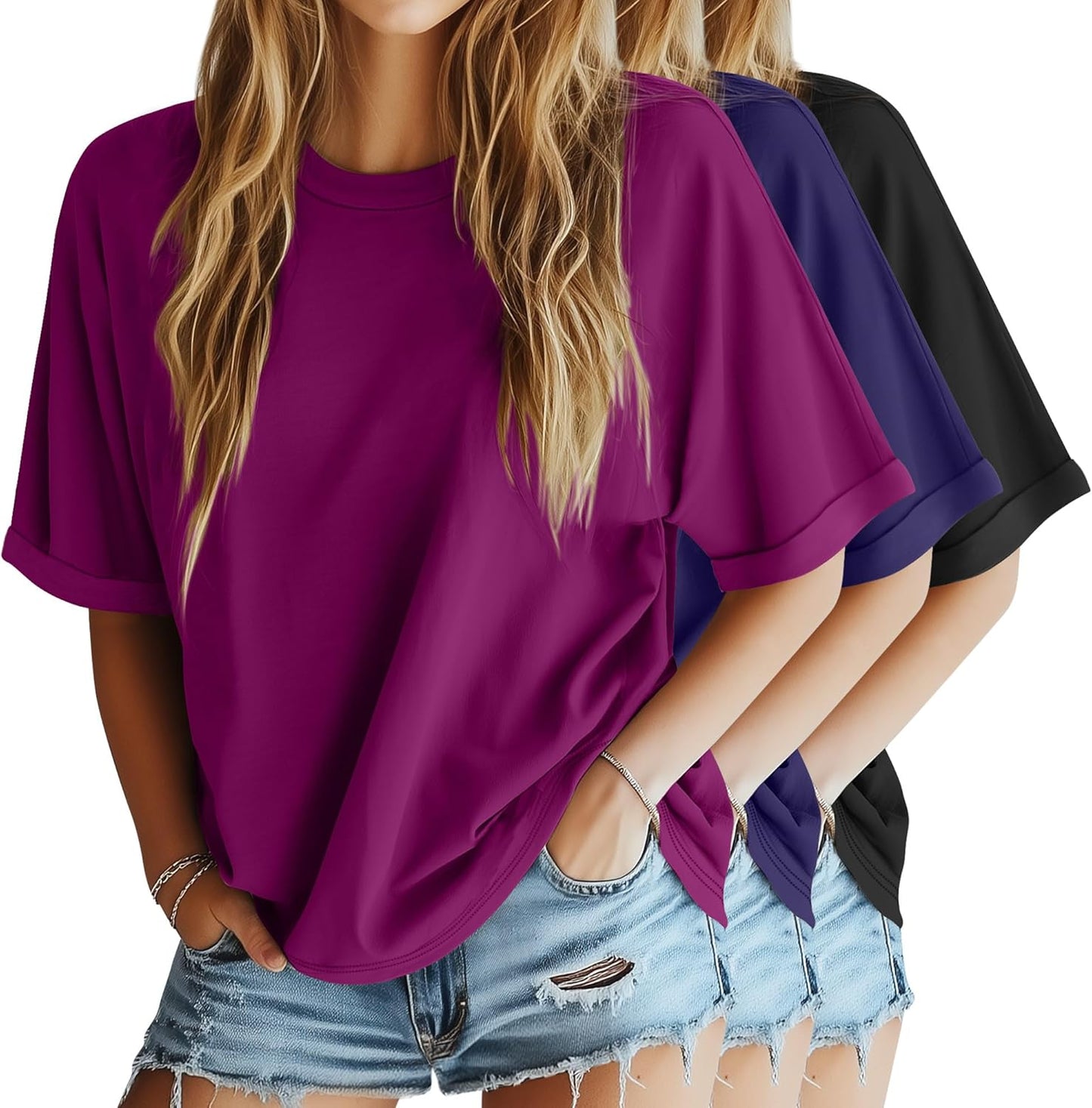 3 Pack Women'S Oversized T-Shirt Half Sleeve Summer Tees Casual Loose Fit Crew Neck Basic Tops
