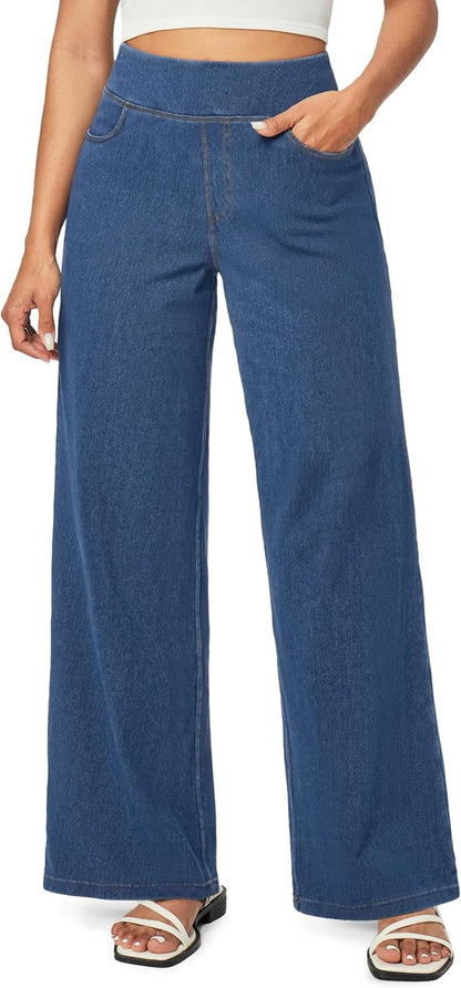 Wide Leg Jeans Woman High Waisted Pull on Baggy Jeans for Women Stretchy Trendy Womens Jean Straight Casual Denim Pants