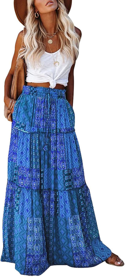 Womens Boho Maxi Skirt 2026 Summer Cruise Casual High Waist Tie Flowy Long Skirt with Pockets for Beach Vacation