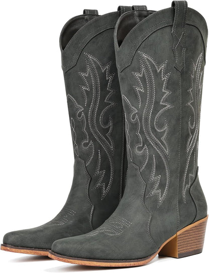 Cowboy Boots for Women Western Cowgirl Boots with Chunky Heel Mid Calf Snip Toe Ideal for Low Insteps