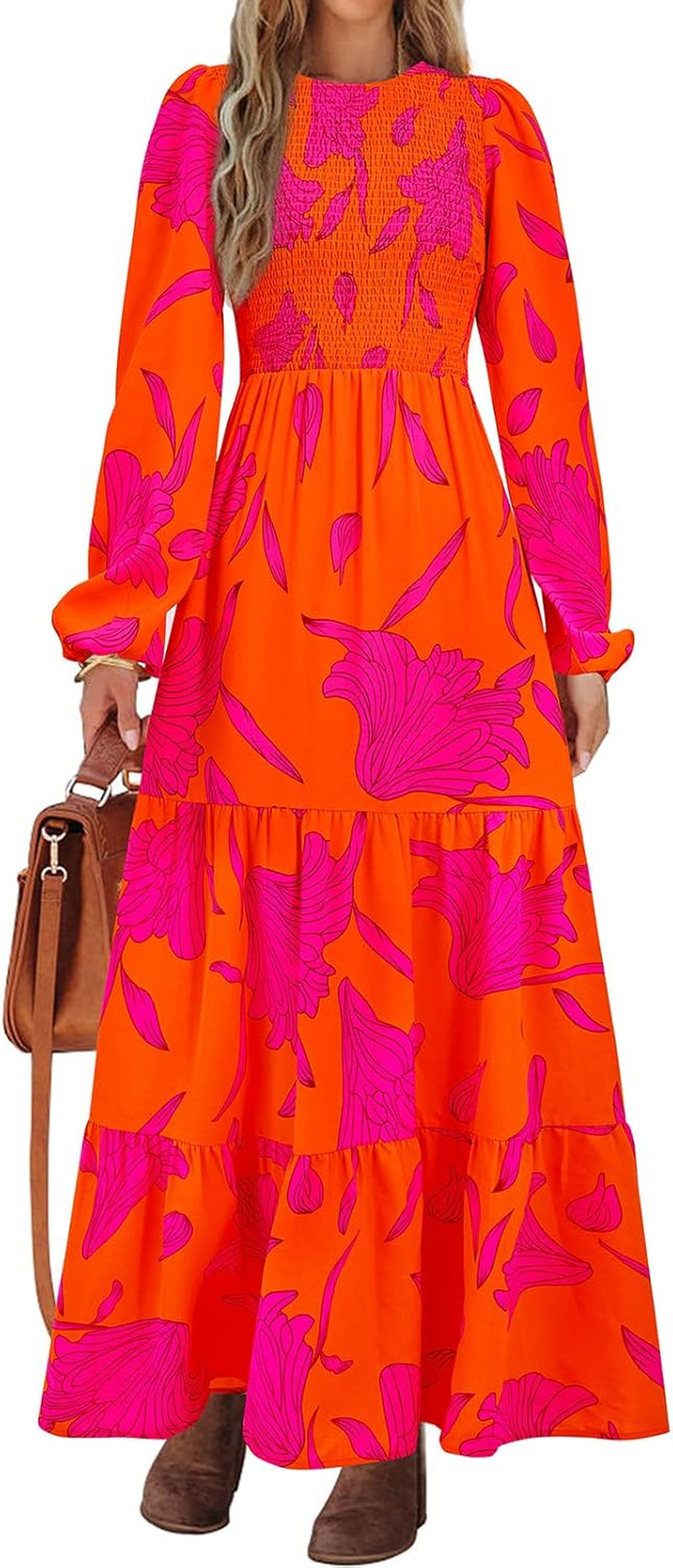 Women'S Spring Dresses 2026 Long Sleeve Flowy Casual Floral Maxi Dress Crew Neck Smocked Tiered Long Dress
