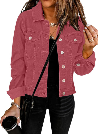 Women'S Basic Button down Long Sleeve Stretchy Jean Trucker Denim Jacket